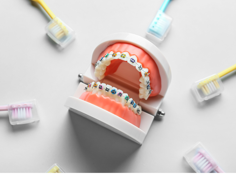 矯正器具の模型と歯ブラシ